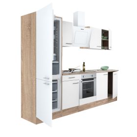 Yorki 270 konyhabútor sonoma tölgy korpusz,selyemfényű fehér front alsó sütős elemmel alulfagyasztós hűtős szekrénnyel
