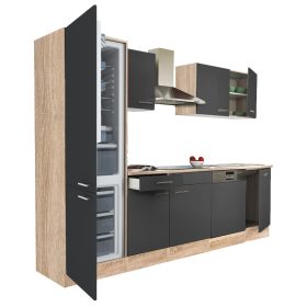 Yorki 280 konyhabútor sonoma tölgy korpusz,selyemfényű antracit fronttal alulfagyasztós hűtős szekrénnyel
