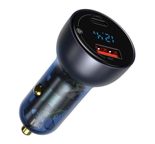 BASEUS autós töltő USB+Type-C aljzat 65W, PD gyorstöltő 3.0, LED kijelző SZÜRKE