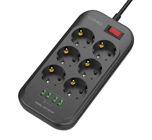 LDNIO hálózati elosztó 6 AC+4 USB aljzat, 17W, csúszásgátló + 200cm tápkábel FEKETE