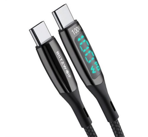 BLITZWOLF adatkábel Type-C - Type-C, 100W, PD gyorstöltő 3.0, 180cm, LED kijelző FEKETE