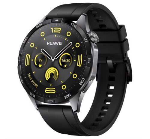 HUAWEI Watch GT 4 okosóra 46mm, beépített GPS, 3D üveg, aktivitásmérő, pulzusmérő, szilikon szíj FEKETE