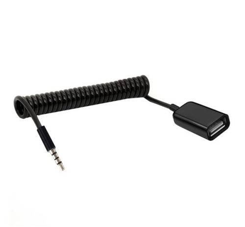 Audió adapter kábel USB aljzat - 3.5mm jack, OTG, spirálkábel FEKETE