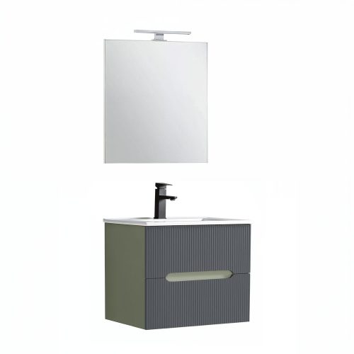Trent Fürdőszobabútor 60 cm kerámia mosdóval (2 fiókos) tükörrel 60x80 cm olivazöld-antracit szürke