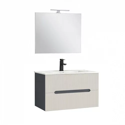 Trent Fürdőszobabútor 80 cm kerámia mosdóval (2 fiókos) tükörrel 60x80 cm antracit szürke-fehér