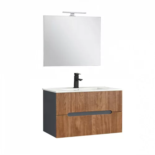 Trent Fürdőszobabútor 80 cm kerámia mosdóval (2 fiókos) tükörrel 60x80 cm antracit szürke-sunset tölgy