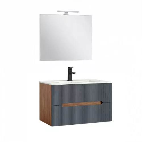 Trent Fürdőszobabútor 80 cm kerámia mosdóval (2 fiókos) tükörrel 60x80 cm sunset tölgy-antracit szürke