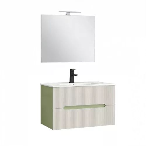 Trent Fürdőszobabútor 80 cm kerámia mosdóval (2 fiókos) tükörrel 60x80 cm pisztáciazöld-fehér
