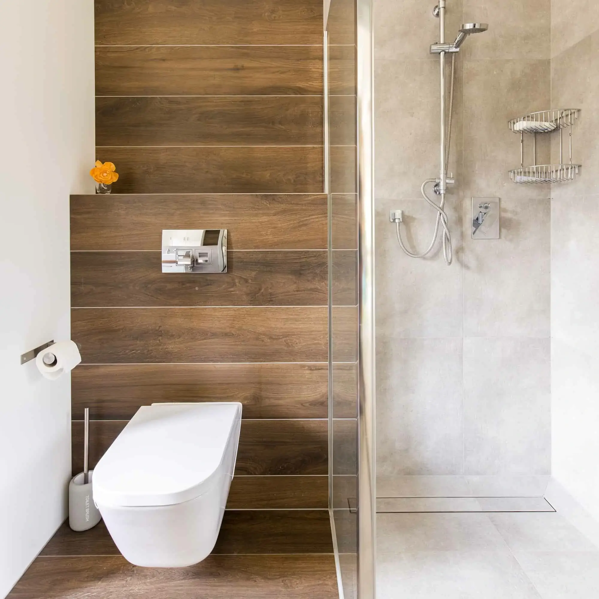 Bathroom with wood and travertine decor