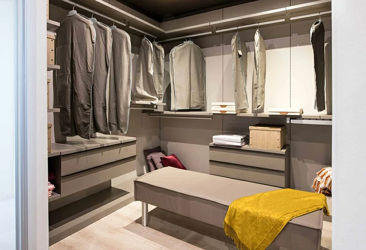 Interior of a walk in closet with hanging clothes