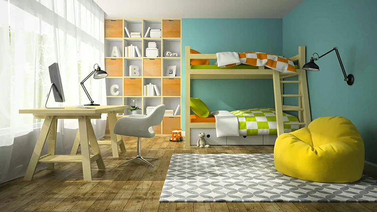 Interior of children room with bunk bed 3D rendering