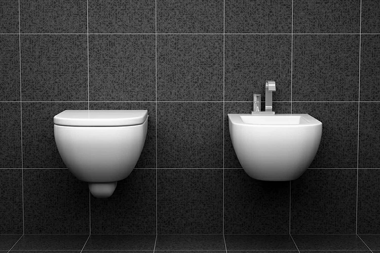 modern toilet with black tiles on wall