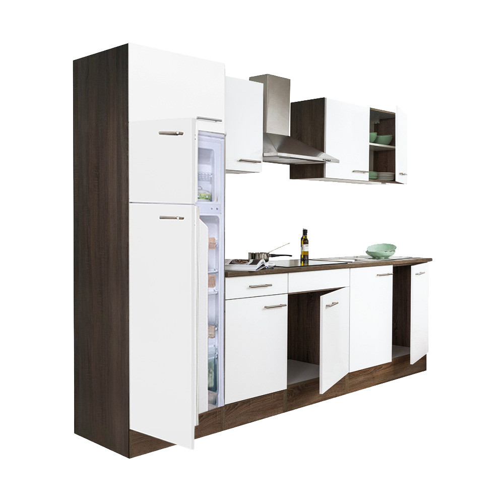 Yorki 270 konyhabútor yorki tölgy korpusz,selyemfényű fehér fronttal felülfagyasztós hűtős szekrénnyel
