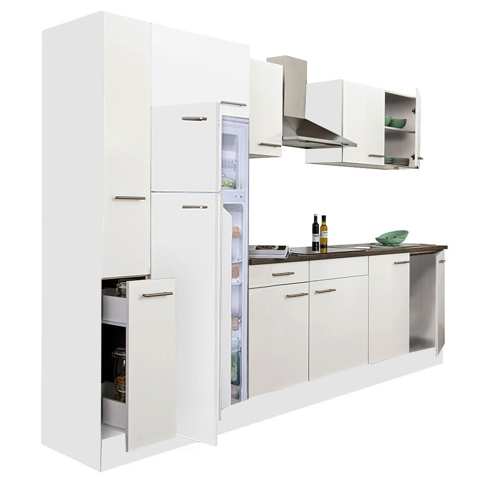 Yorki 300 konyhabútor fehér korpusz,selyemfényű fehér fronttal felülfagyasztós hűtős szekrénnyel
