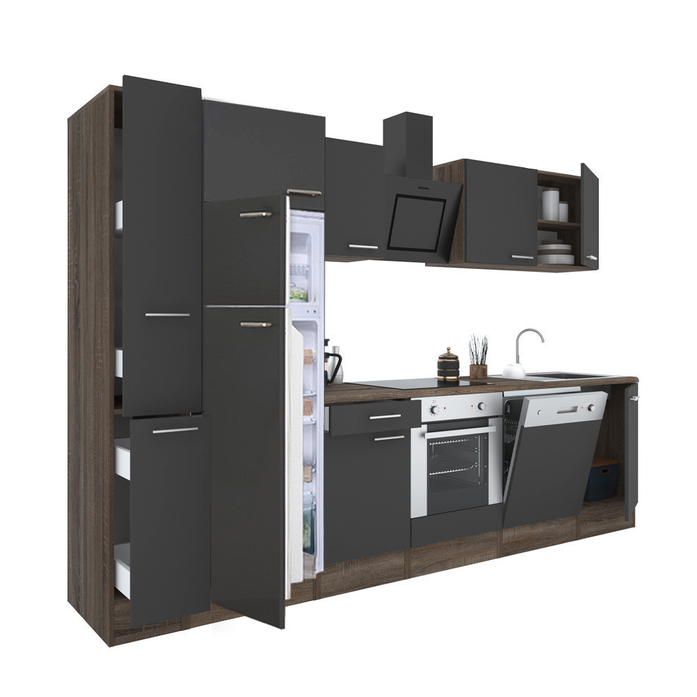 Yorki 310 konyhablokk yorki tölgy korpusz,selyemfényű antracit front alsó sütős elemmel felülfagyasztós hűtős szekrénnyel