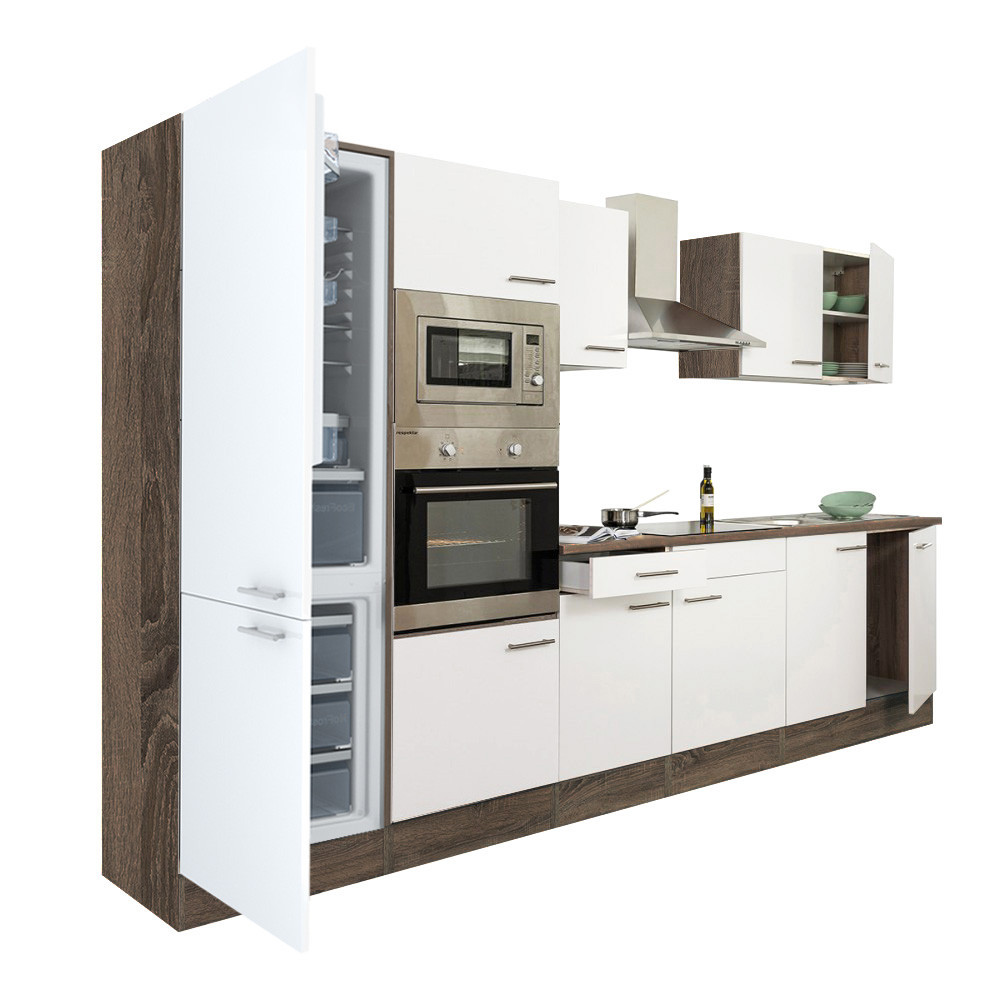 Yorki 330 konyhablokk yorki tölgy korpusz,selyemfényű fehér fronttal alulfagyasztós hűtős szekrénnyel