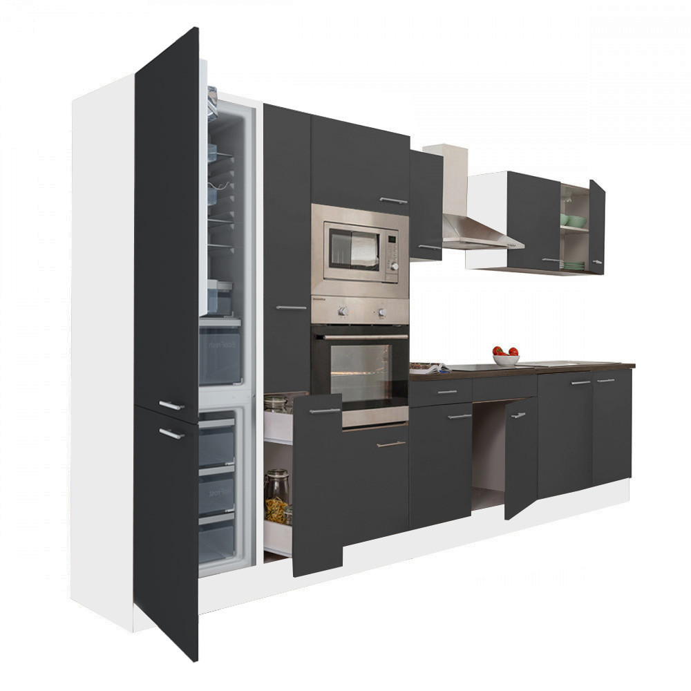 Yorki 360 konyhabútor fehér korpusz,selyemfényű antracit fronttal alulfagyasztós hűtős szekrénnyel