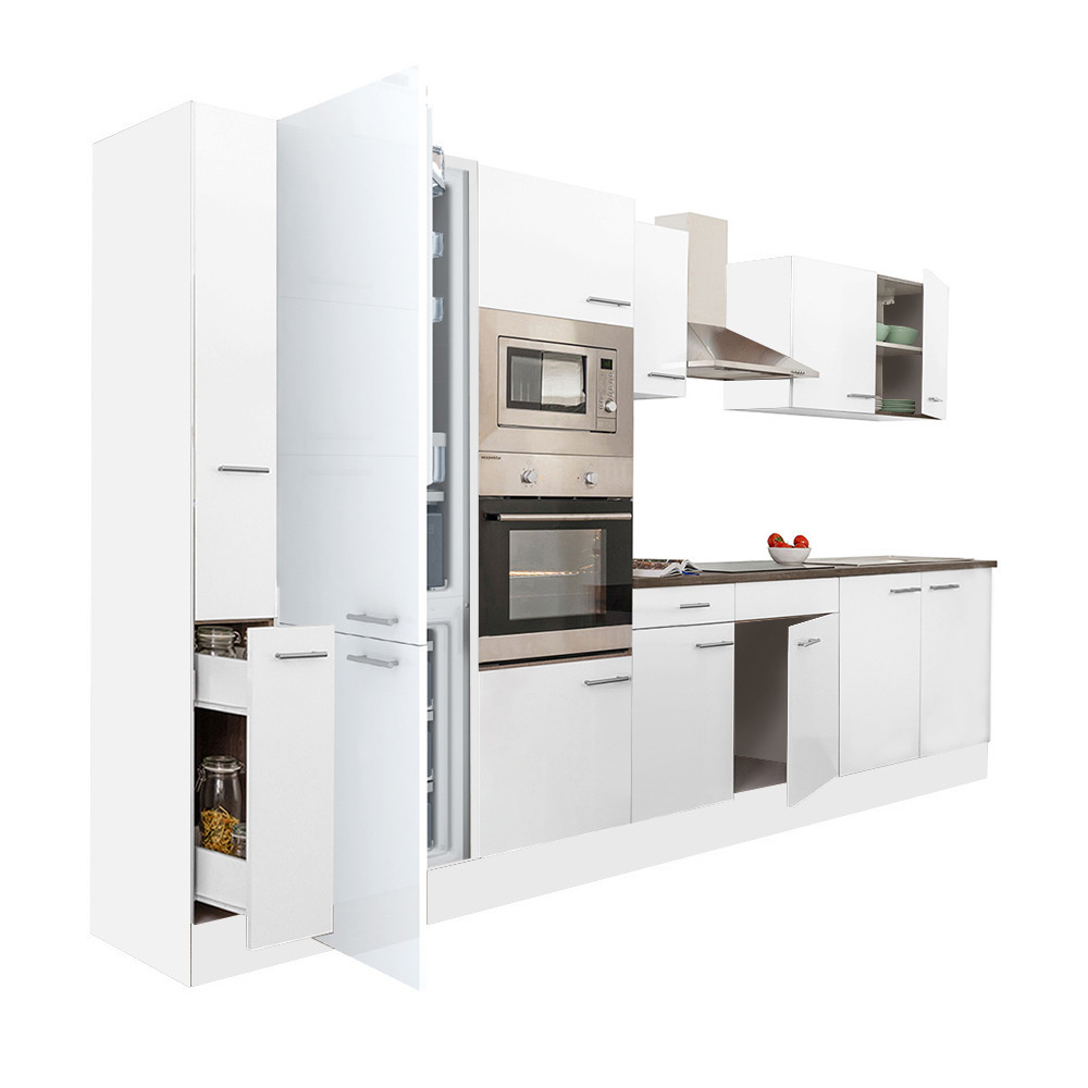 Yorki 360 konyhabútor fehér korpusz,selyemfényű fehér fronttal alulfagyasztós hűtős szekrénnyel