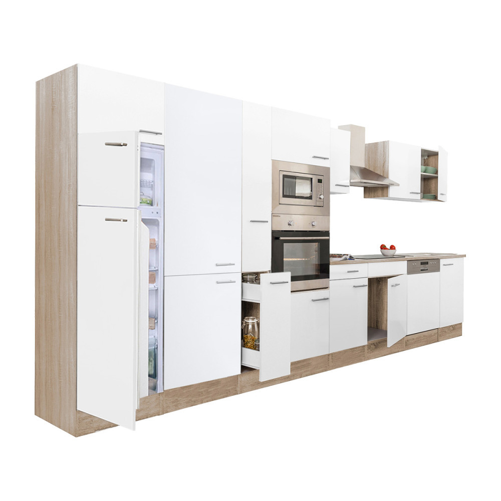 Yorki 430 konyhabútor sonoma tölgy korpusz,selyemfényű fehér fronttal felülfagyasztós hűtős szekrénnyel