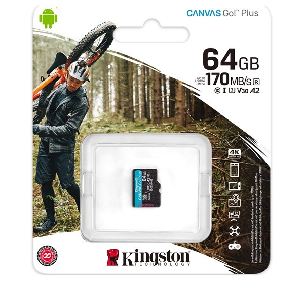 KINGSTON memóriakártya 64GB (microSDXC Canvas Go Plus - Class 10, UHS-1, U3, V30, A2) - adapter nélkül