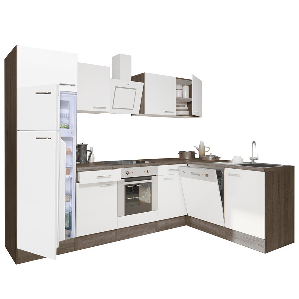 Yorki 280 sarok konyhabútor yorki tölgy korpusz,selyemfényű fehér front alsó sütős elemmel felülfagyasztós hűtős szekrénnyel