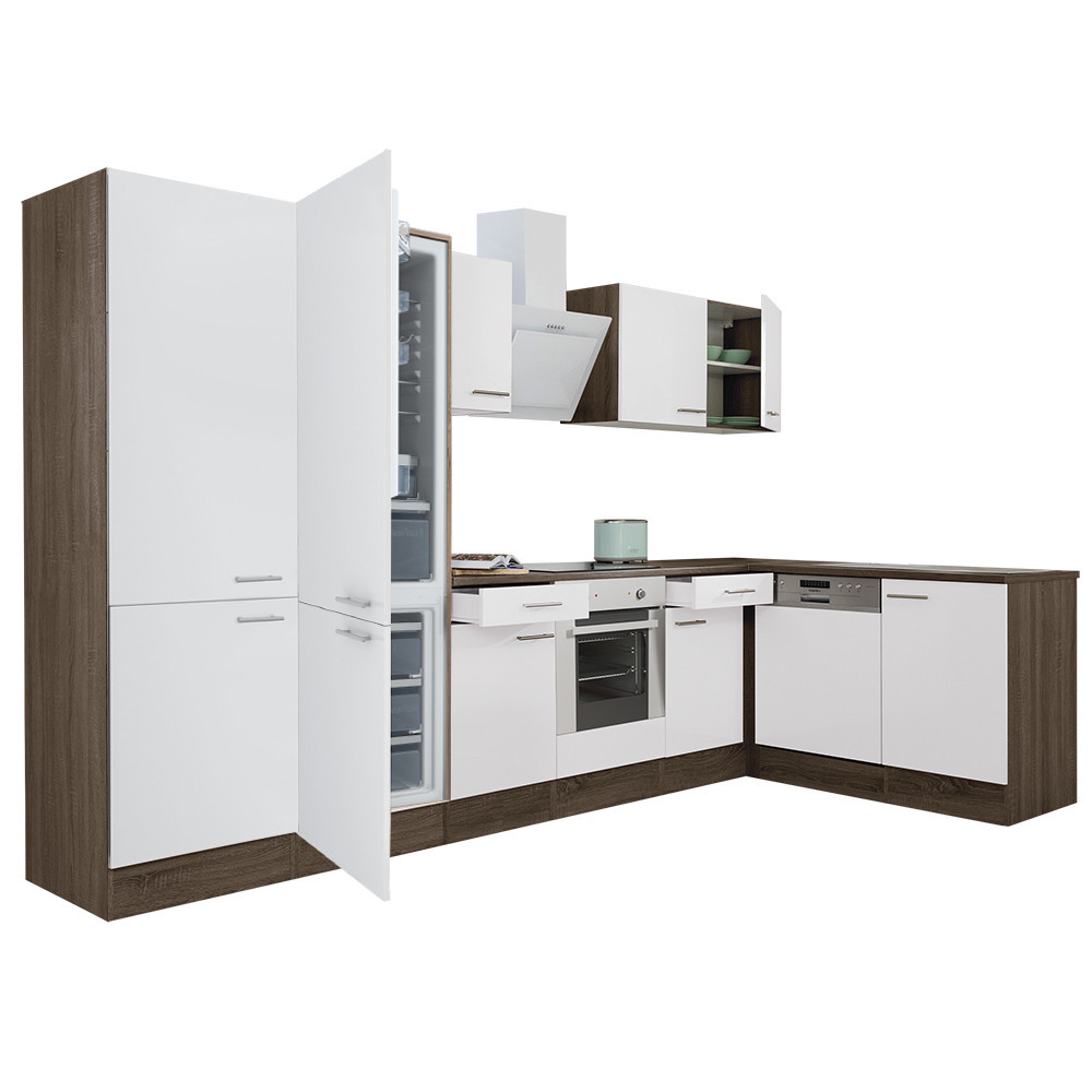Yorki 340 sarok konyhabútor yorki tölgy korpusz,selyemfényű fehér front alsó sütős elemmel polcos szekrénnyel, alulfagyasztós hűtős szekrénnyel