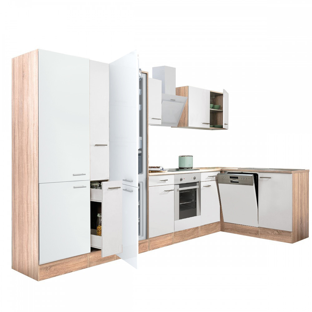 Yorki 370 sarok konyhabútor sonoma tölgy korpusz,selyemfényű fehér front alsó sütős elemmel polcos szekrénnyel, alulfagyasztós hűtős szekrénnyel