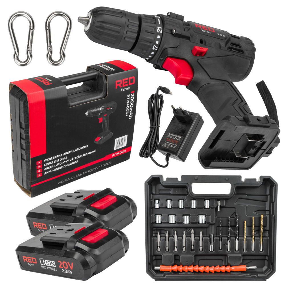 Image of Akkumulátoros csavarbehajtó fúrógép LCD 2x Akku 20V Red Technic RTWA0033